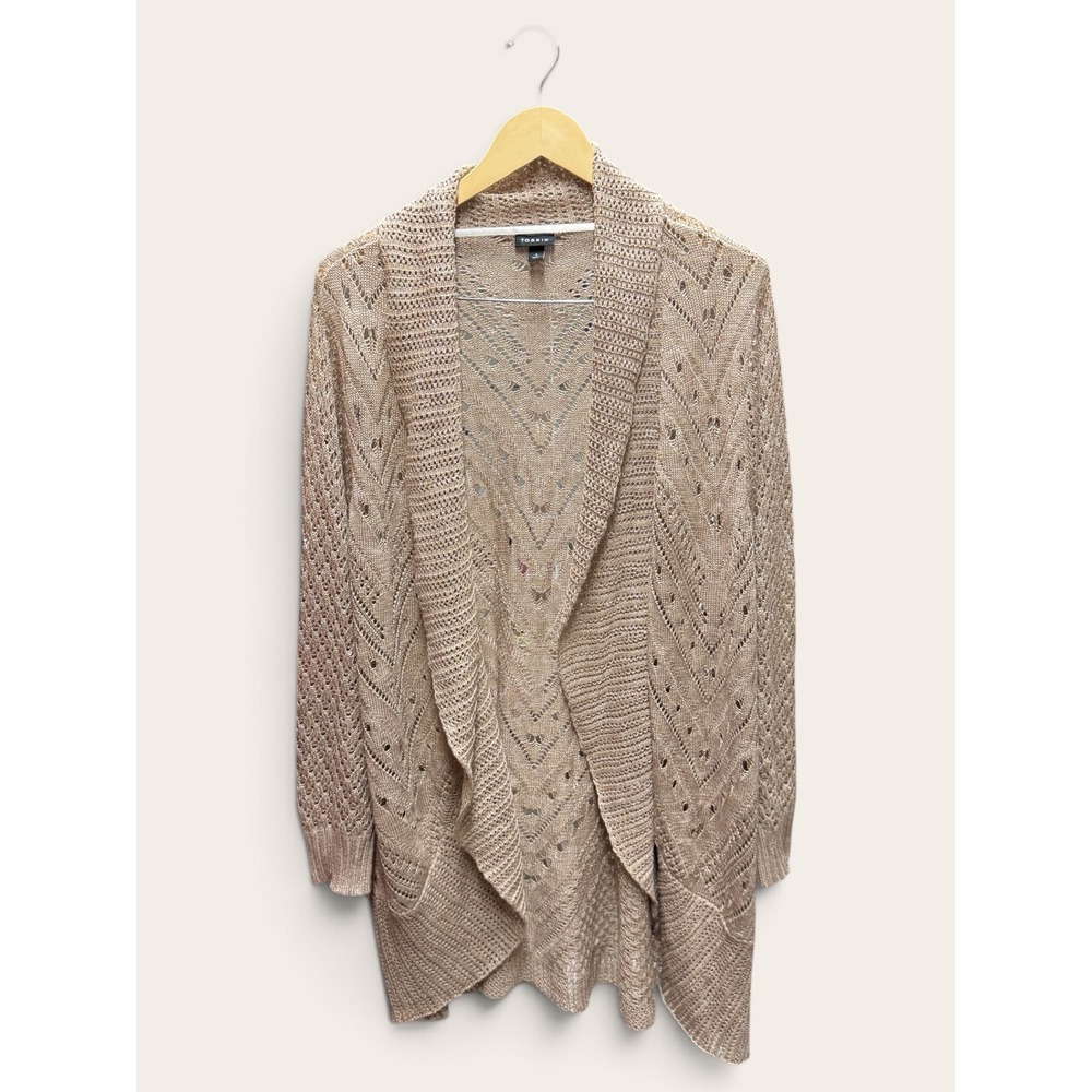 Torrid Womens 4 Champagne Tan Pointelle Chevron Open Front Draped Cardigan EUC